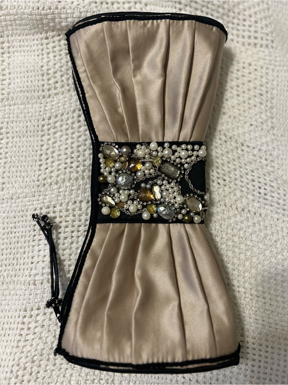 Mary Frances Champagne and Black Jeweled Satin Evening Clutch